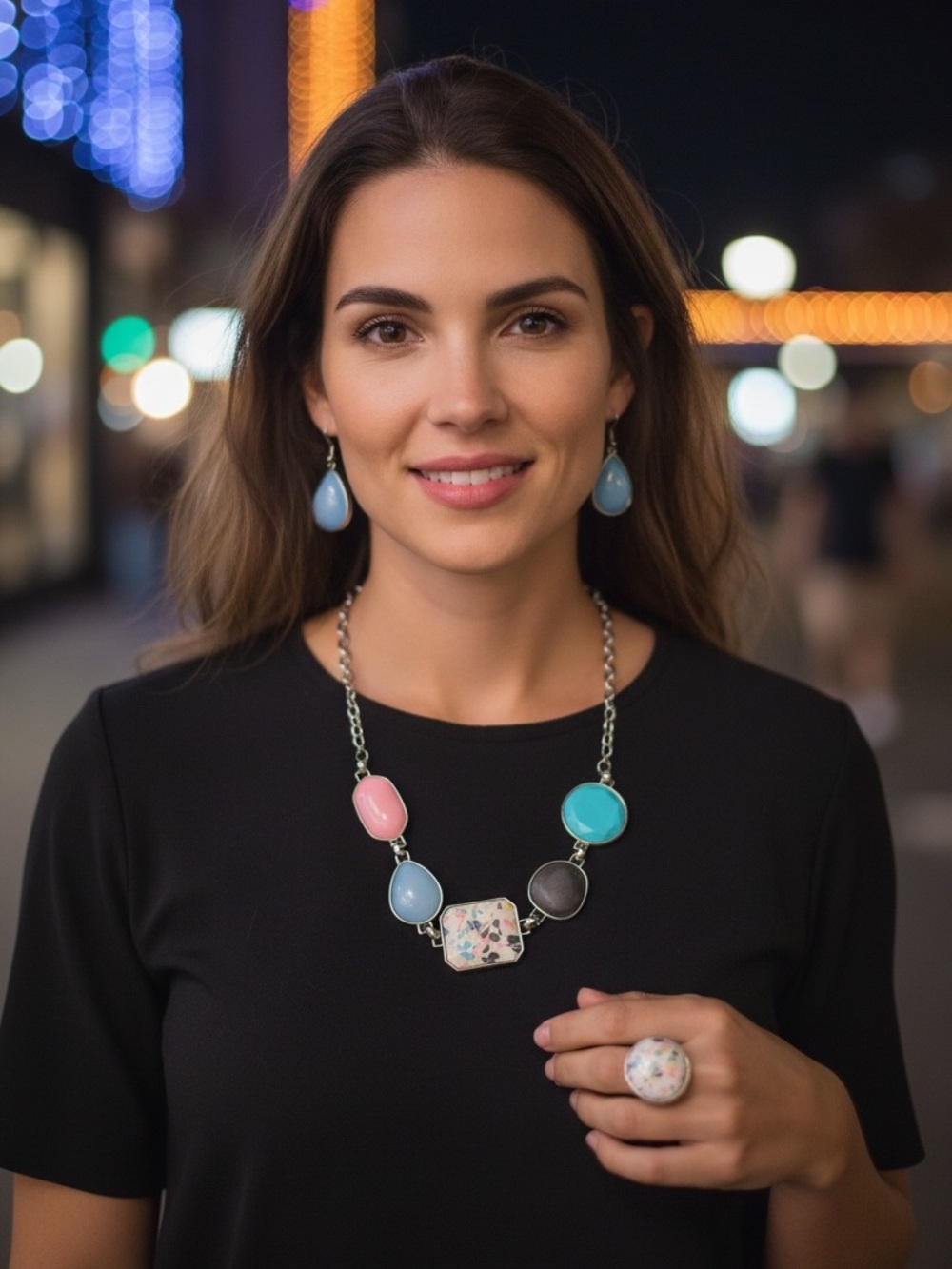 Necklace, Earring snd Ring Set - Multicolor